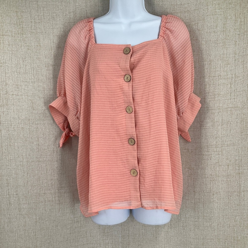 LC Lauren Conrad Blouse Women L Peach Button Tie Sleeve Airy Soft Girl Romantic
